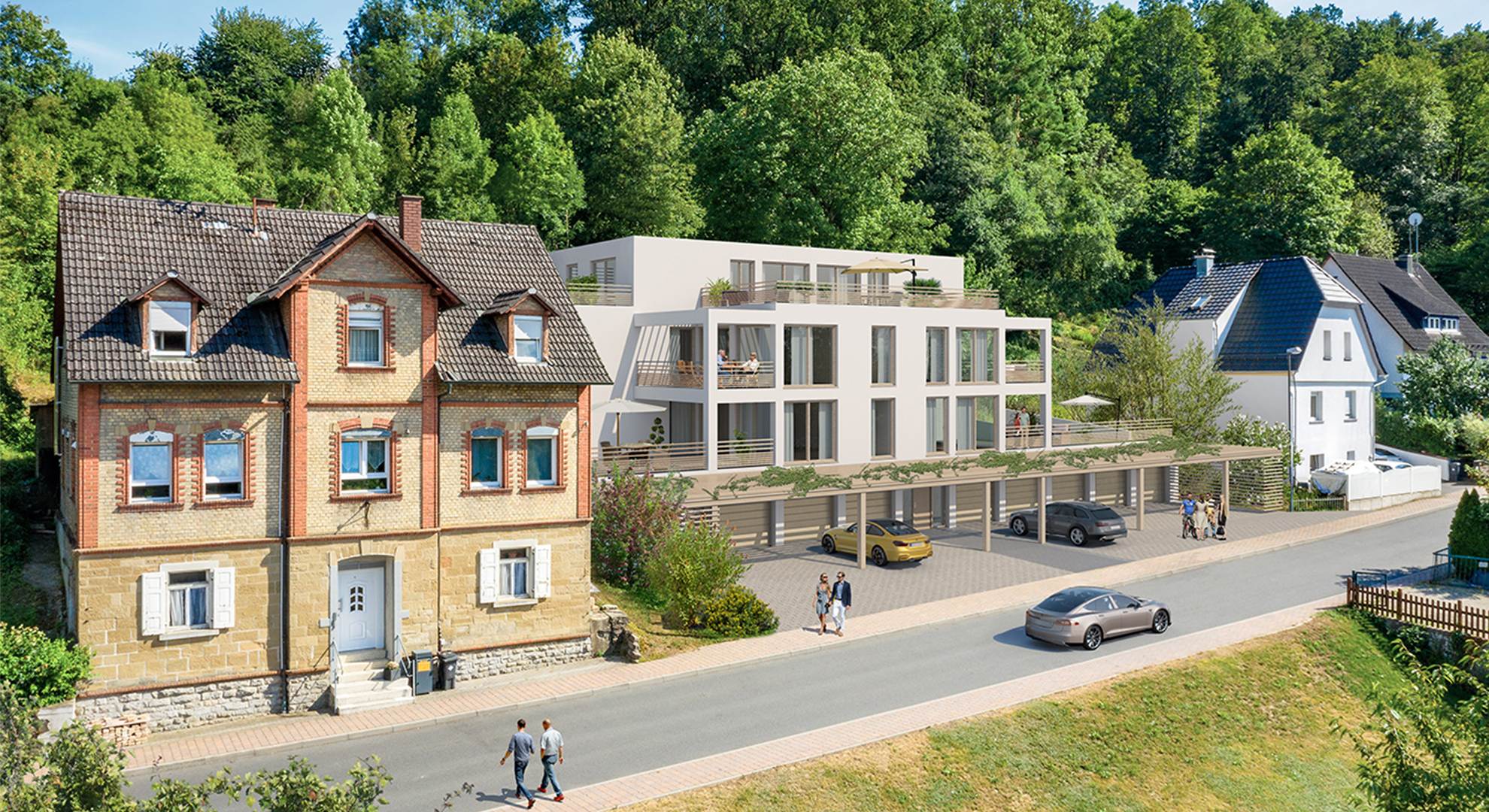 3D Rendering eines modernen Wohnhauses in der Frontalansicht