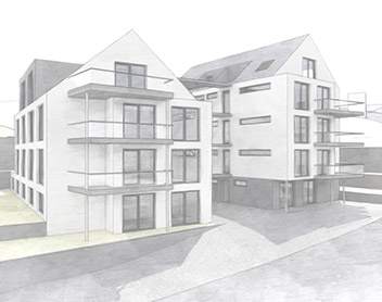 3D-Rendering als Skizze von zwei modernen Mehrfamilienhäusern mit heller Fassade, dunklen fenstern und Glasgeländern.