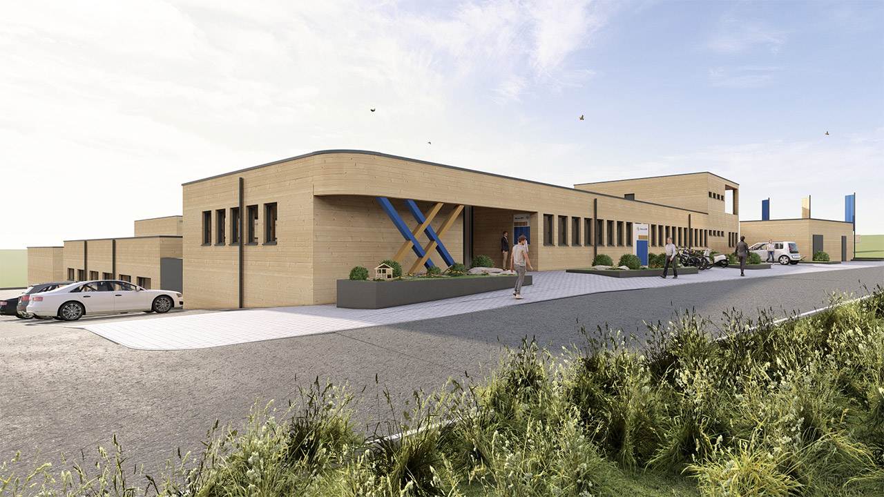 3D-Rendering eines Betriebshof mit Holzfassade eines Energieversorgers aus der Frontalansicht links unten.