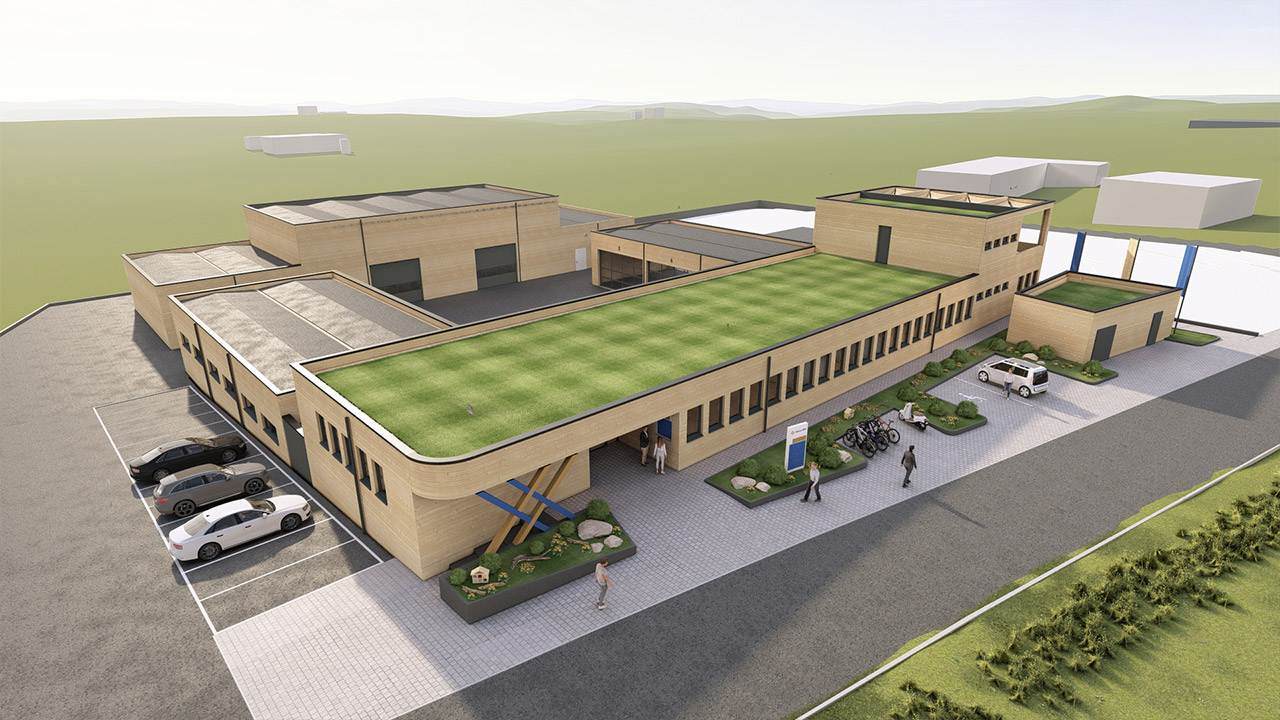3D-Rendering eines Betriebshof mit Holzfassade eines Energieversorgers aus der Drohnenansicht.