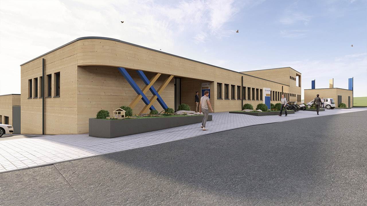 3D-Rendering eines Betriebshof mit Holzfassade eines Energieversorgers aus der Frontalansicht links unten.