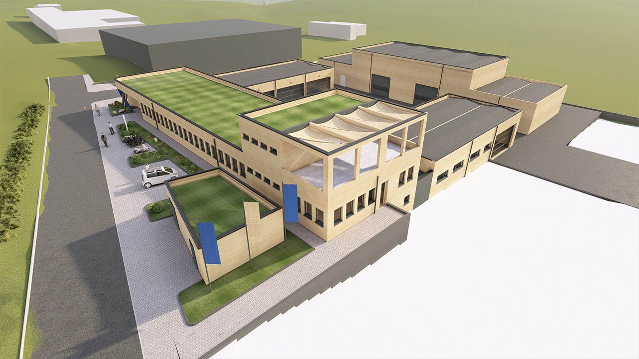 3D-Rendering eines Betriebshof mit Holzfassade eines Energieversorgers aus der Drohnenansicht.