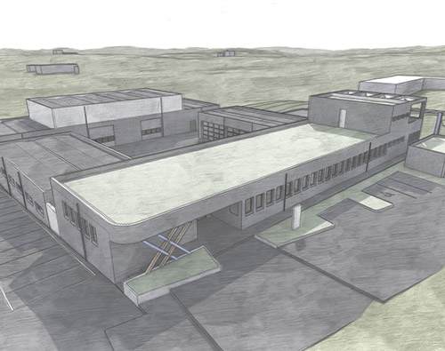 3D-Rendering Betriebszentrum mit Bürogebäude mit dem NetzBW Logo am Eingang aus der Vogelperspektive.