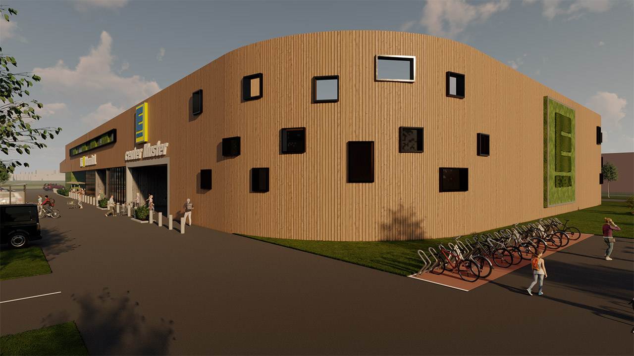 Rendering der Außenansicht eines EDEKA Supermarkts mit moderner Holzfassade.