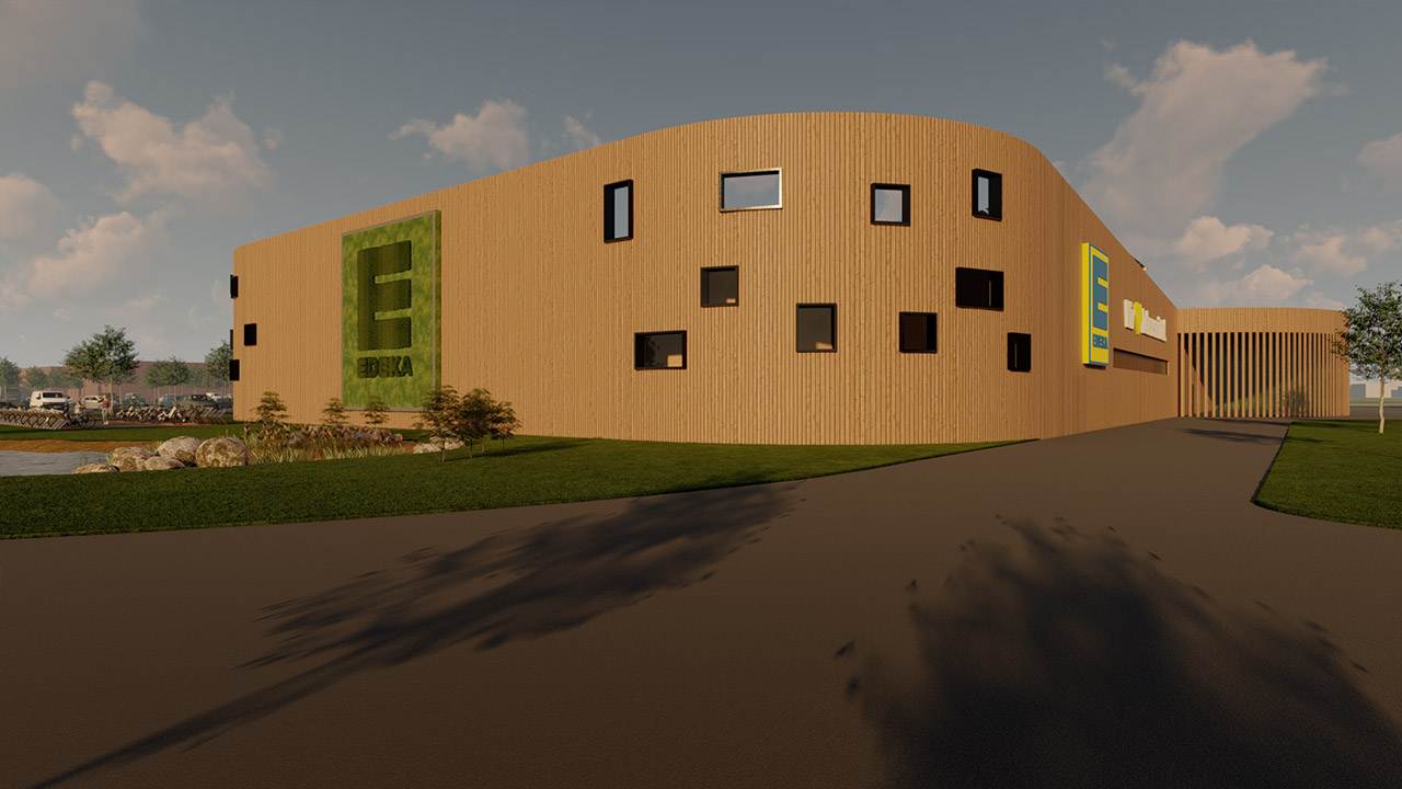Rendering der Außenansicht eines EDEKA Supermarkts mit moderner Holzfassade.
