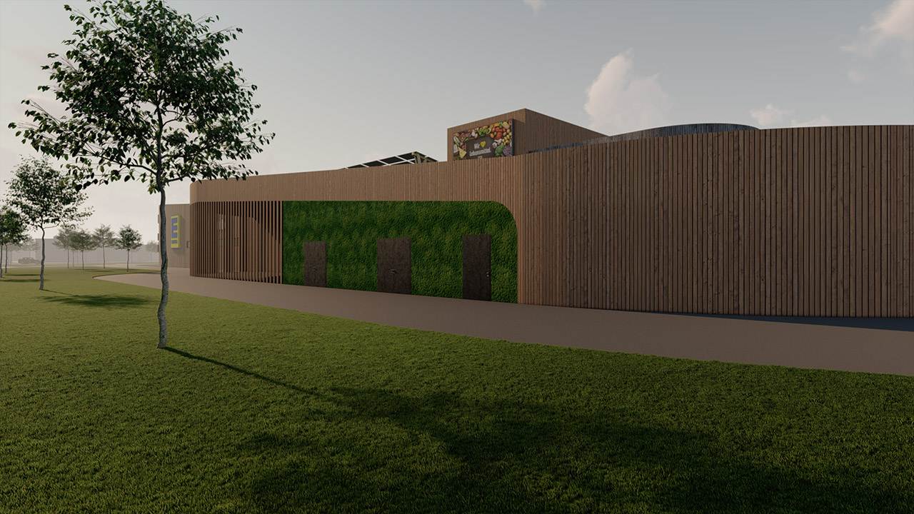 Rendering der Außenansicht eines EDEKA Supermarkts mit moderner Holzfassade.
