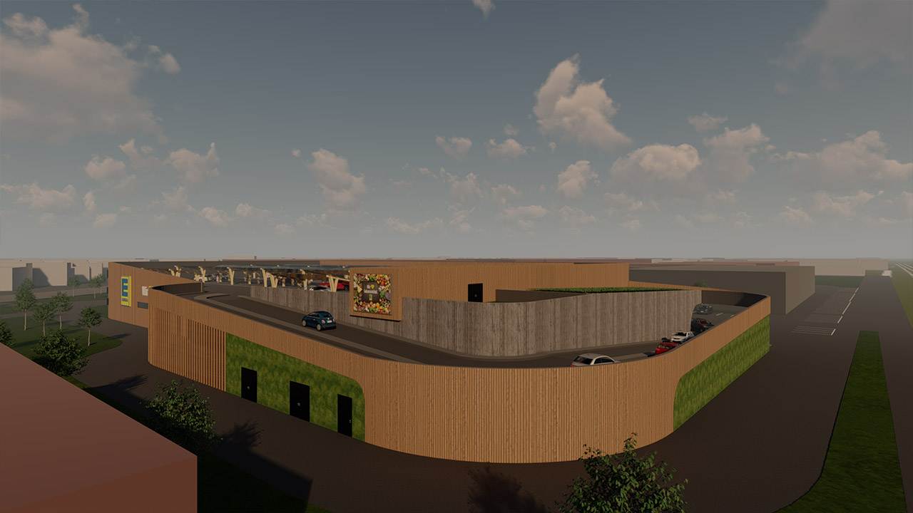 Rendering der Außenansicht eines EDEKA Supermarkts mit moderner Holzfassade.