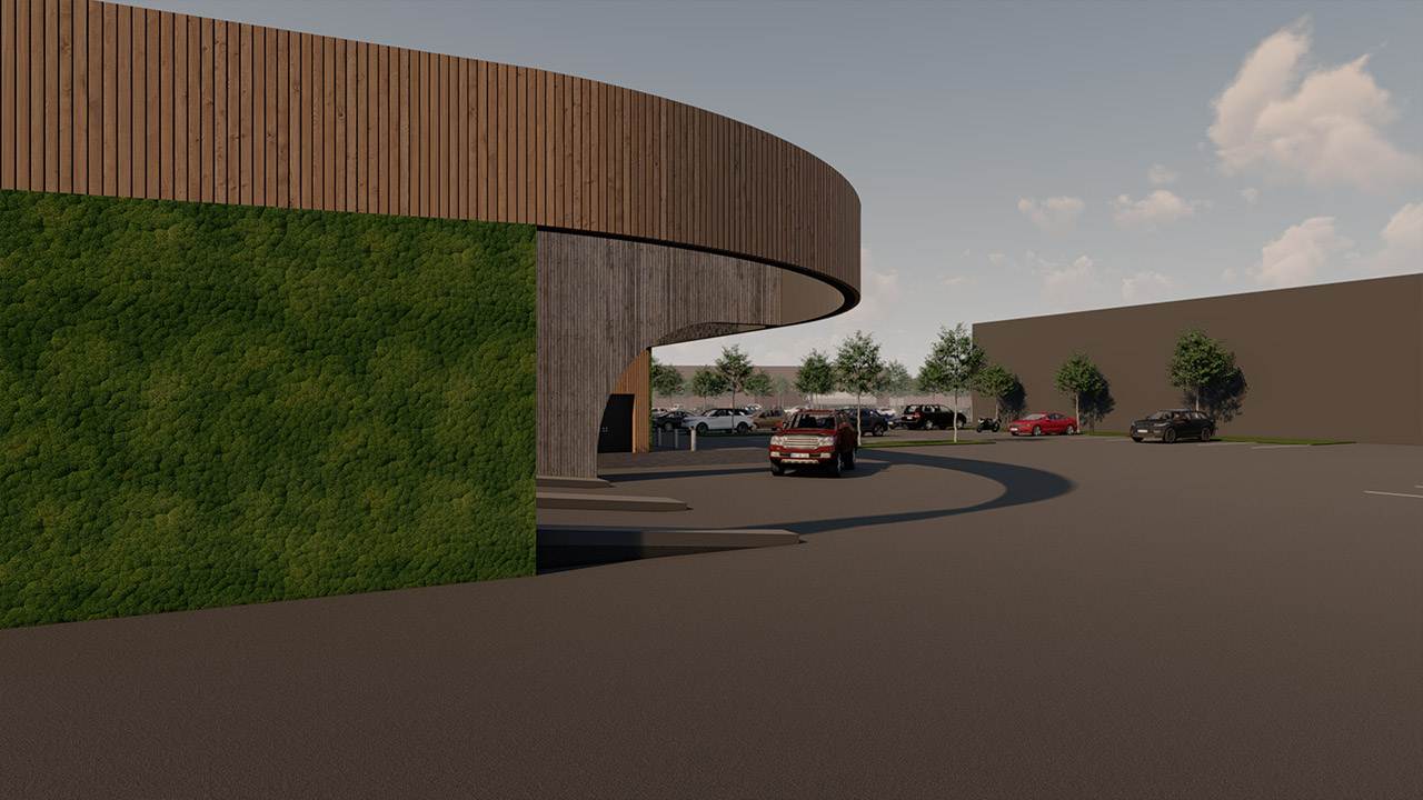 Rendering der Außenansicht eines EDEKA Supermarkts mit moderner Holzfassade.