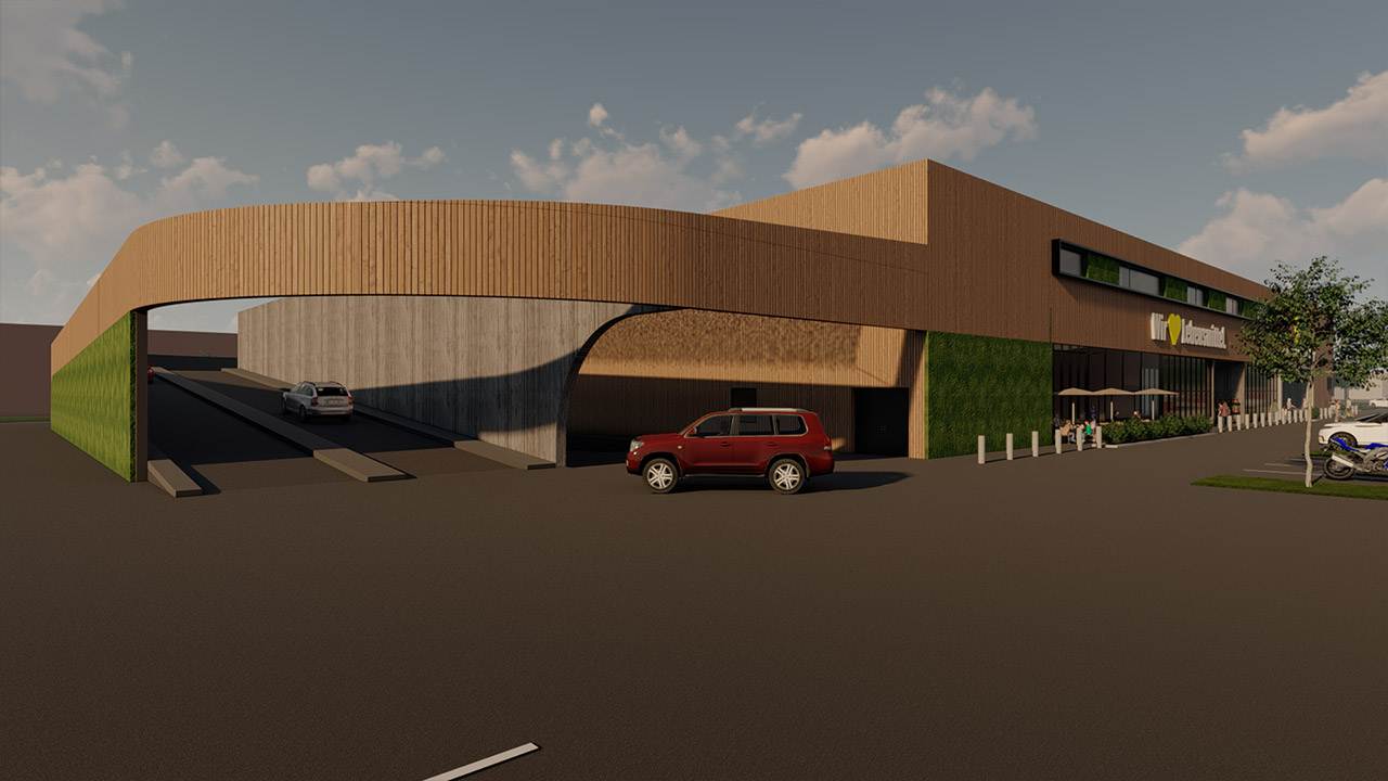 Rendering der Außenansicht eines EDEKA Supermarkts mit moderner Holzfassade.