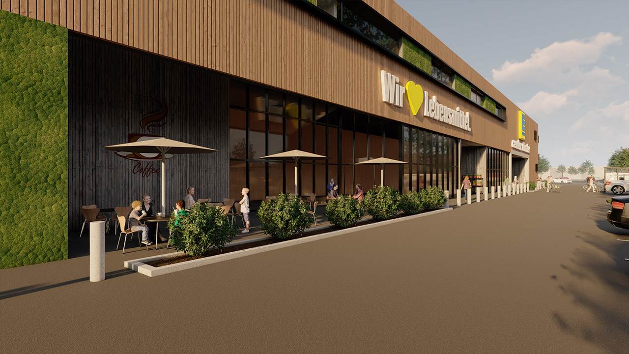 Rendering der Außenansicht eines EDEKA Supermarkts mit moderner Holzfassade.