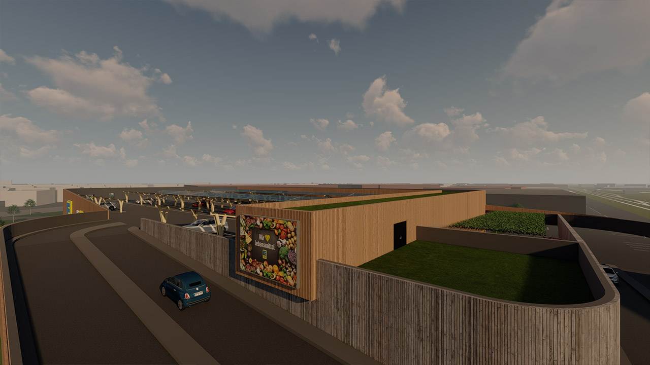 Rendering der Außenansicht eines EDEKA Supermarkts mit moderner Holzfassade.