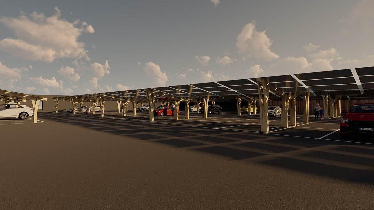 Rendering der Außenansicht eines EDEKA Supermarkts mit PV-Parkdeck.