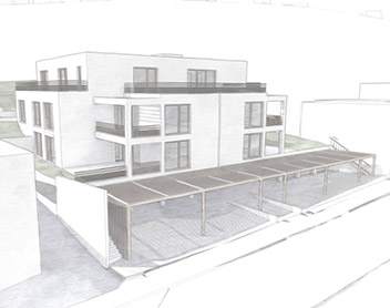 3D-Rendering als Skizze von einem modernen Mehrfamilienhaus mit heller Fassade, braunen Metallelementen und einem Holz-Carport.