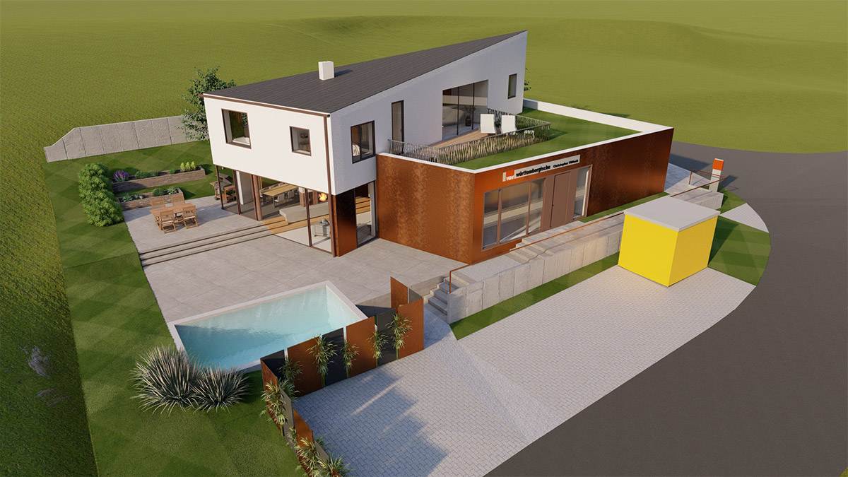 Rendering der Außenansicht eines mordernen Einfamilienhauses mit Büro im Erdgeschoss.