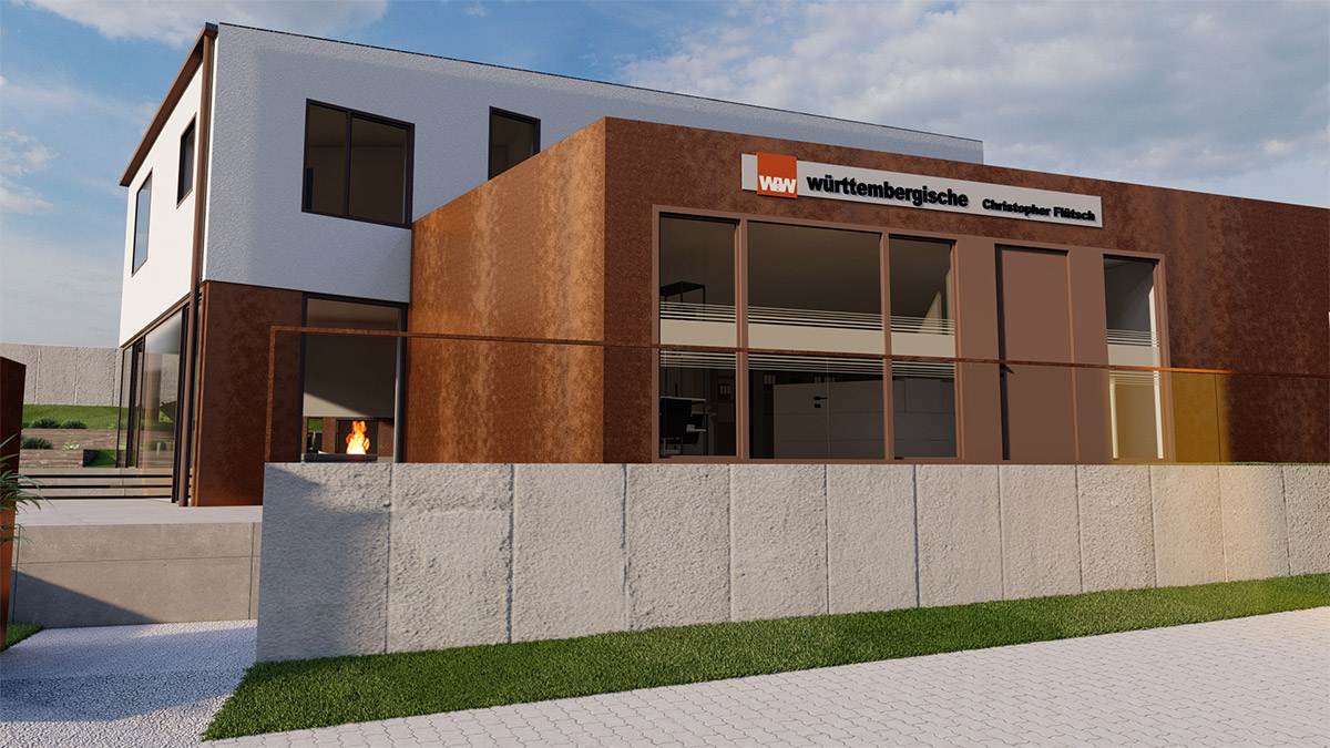 Rendering der Außenansicht eines mordernen Einfamilienhauses mit Büro im Erdgeschoss.