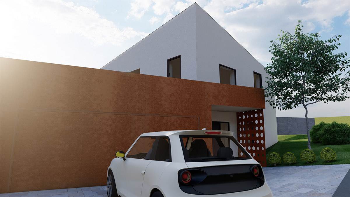 Rendering der Außenansicht eines mordernen Einfamilienhauses mit Büro im Erdgeschoss.