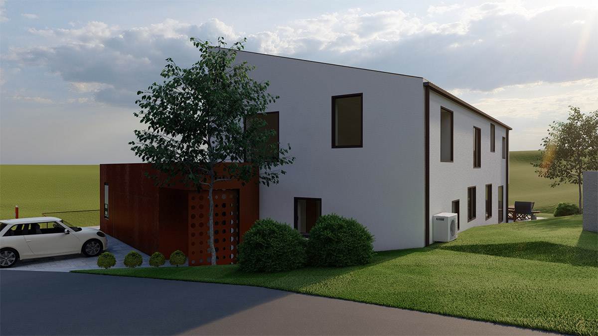 Rendering der Außenansicht eines mordernen Einfamilienhauses mit Büro im Erdgeschoss.