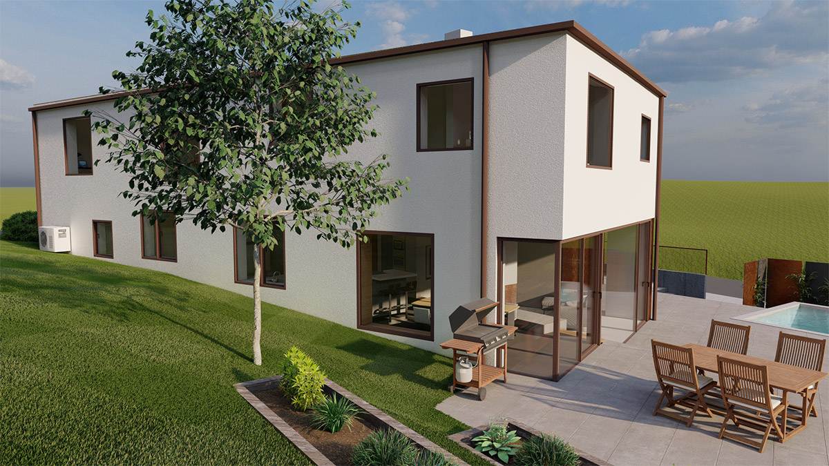 Rendering der Außenansicht eines mordernen Einfamilienhauses mit Büro im Erdgeschoss.