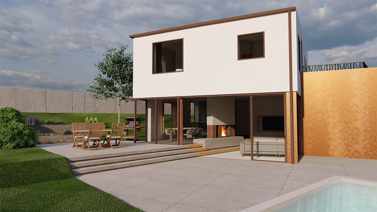 Rendering der Außenansicht eines mordernen Einfamilienhauses mit Büro im Erdgeschoss.