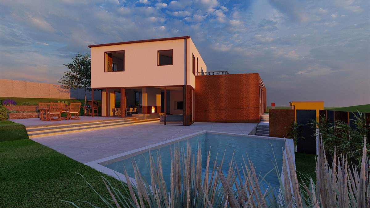 Rendering der Außenansicht eines mordernen Einfamilienhauses mit Büro im Erdgeschoss.