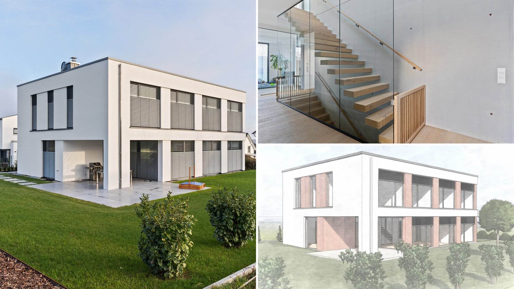 Energetische Sanierung von Bestandsgebäuden 3D-Rendering eines sanierten Fachwerkhauses mit Garagen-Anbau und Terrasse